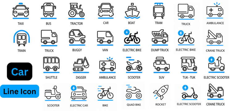 Car line icon set. Car icon set. Vehicle icon set. car, bike, plane, train, bicycle, bus, scooter and motorbike symbols for transportation, travel, traffic.