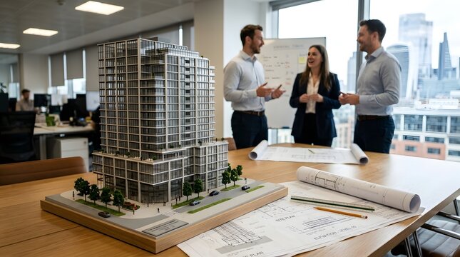 Architects and business team discussing building model in modern office, real estate development planning construction project strategy urban design collaboration corporate meeting workspace