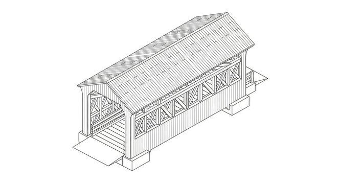 Isometric illustration of a wooden covered bridge isolated on white background