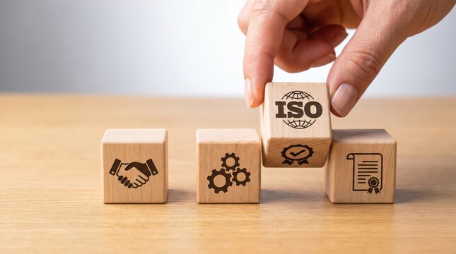 Hand placing a wooden block with iso symbol, representing quality management standards and business compliance