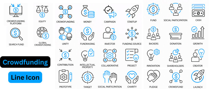 Crowdfunding line icon set. crowdfunding icon set. Goal Target, Donation Box, Crowdfunding, Backer Support, Campaign Win, Pledge Deal, Stretch Goal. 