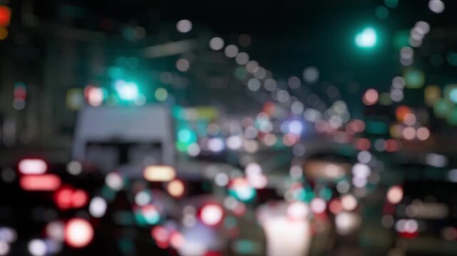 Vehicles travel through a lit road, lights blending into bokeh.