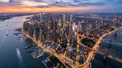 Naklejka premium A breathtaking aerial view of a modern city skyline at sunset, with illuminated skyscrapers, a winding river, busy bridges, and glowing streets showcasing vibrant urban life and architecture.