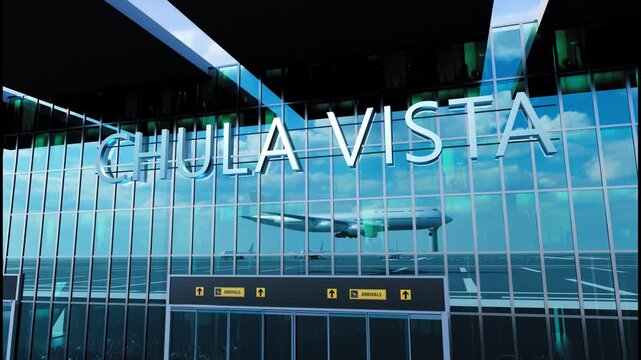 Airlane landing at Chula Vista, USA. Arrival in the city with reflection of airport and aircraft
