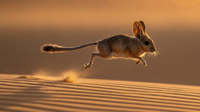Backlit Desert Jerboa Leaping Across Sand Dunes at Sunset in Golden Hour