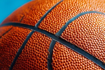 Fototapeta premium close-up of a basketball texture isolated on a light blue background, basketball ball on blue background, close up of a basketball