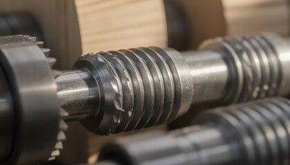 Fototapeta premium Closeup medium shot of wood screws receiving threads through a highspeed rolling process emphasizing the wooden material compatibility and detailed thread patterns.