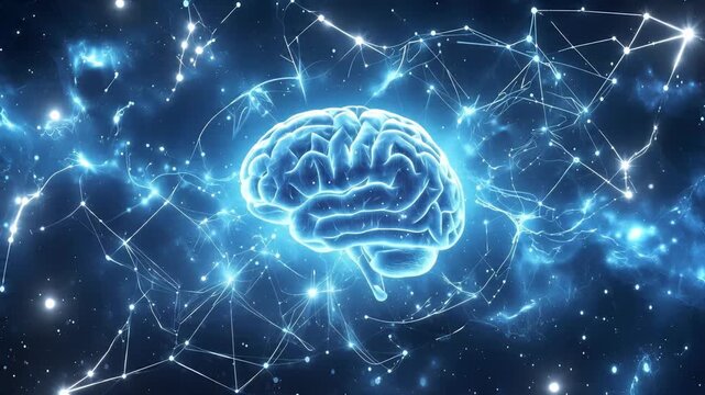 Luminous human brain with digital neural network connections. Concept of artificial intelligence and cognitive computing. Lockdown shot.