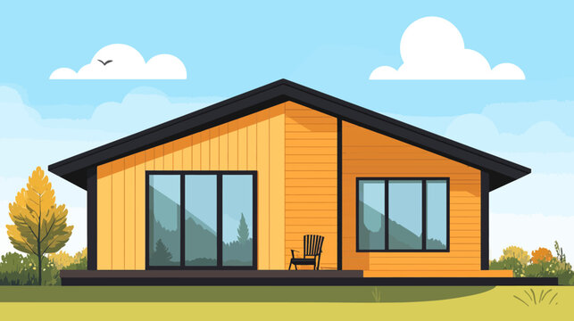 Modern wooden house illustration with a chair on the porch, under a clear sky and trees