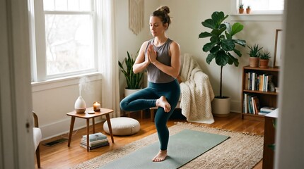 Obraz premium A young woman practices yoga in a cozy, sunlit room, balancing in tree pose on a mat, surrounded by plants, calm decor, and a peaceful, mindful atmosphere.
