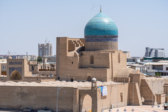 Bukhara, Uzbekistan Aerial view of Kalan Minaret Emir and Alim Khan madrasah of Po-i-Kalan Poi Kalan - islamic religious complex