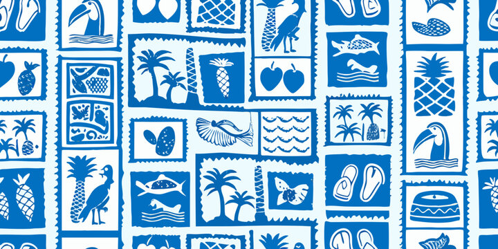 Blue and white tropical pattern featuring birds fish and plant life