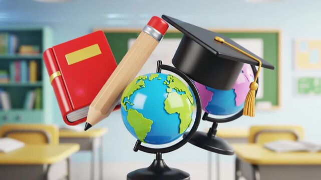 Global travel concept suitcase globe spinning on office desk