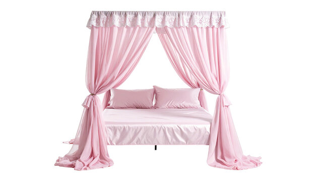 Softly lit bed with flowing pink canopy and matching silky sheets/pillows