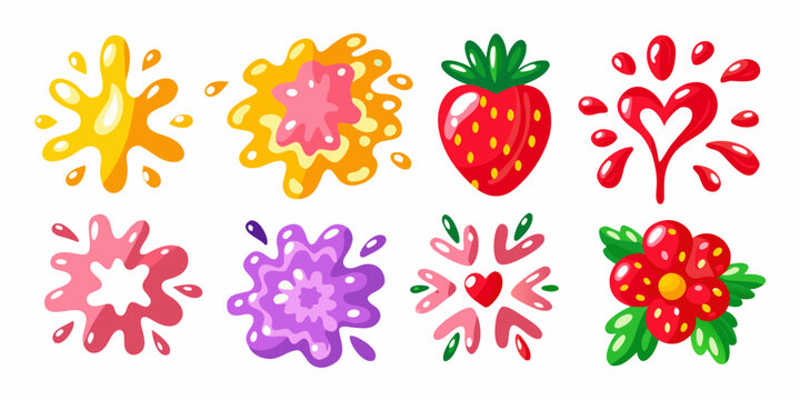 Colorful fruit splashes and stylized berry illustrations on a white background