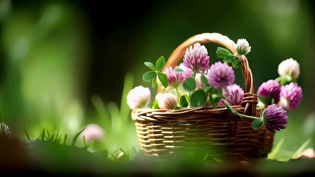 Spring season, garden park, flower, fresh, life. A vivid portrayal of a wicker basket overflowing with pink clover flowers. The basket is placed on a bed of green grass.