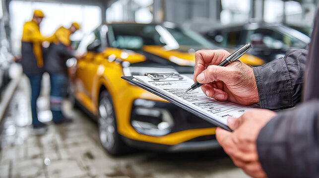 technician examining scratches on rental car with close inspection and vehicle damage assessment concept in workshop