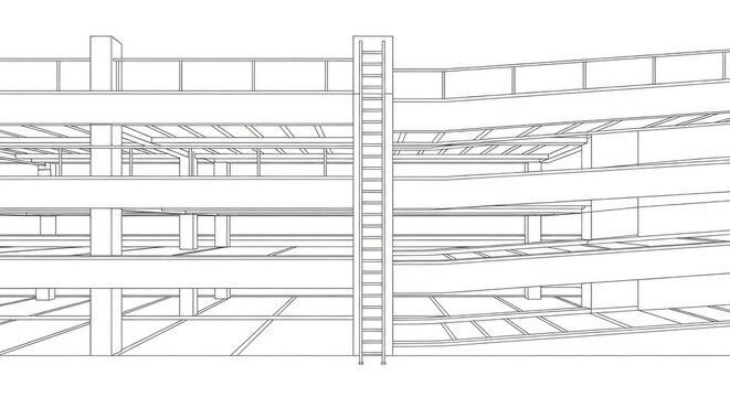 Architectural outline of a multi level parking structure with ladder access