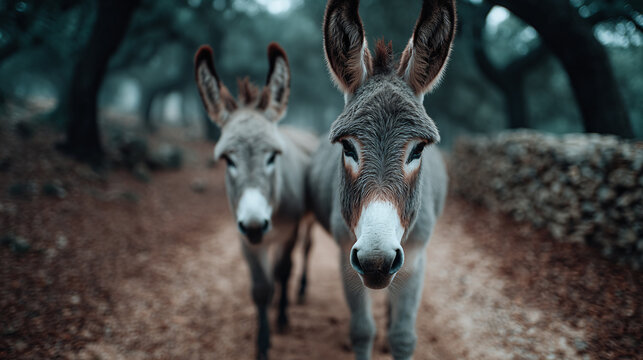 two friendly donkeys walking in countryside towards camera with curious look and blurred nature background concept