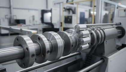 Naklejka premium Detailed medium shot of stainless steel wire undergoing cold heading process transformed into bolt blanks using multidie headers highlighting smooth surface finish in a modern