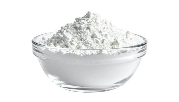 White powder piled in a clear glass bowl against a dark background
