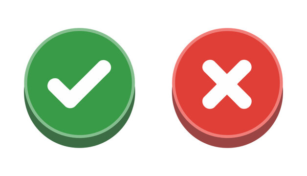 Green and red vector buttons with check mark and cross symbol on white background