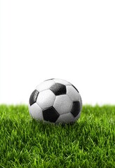 Fototapeta premium A black and white soccer ball rests on vibrant green grass, symbolizing the upcoming World Cup 2026.