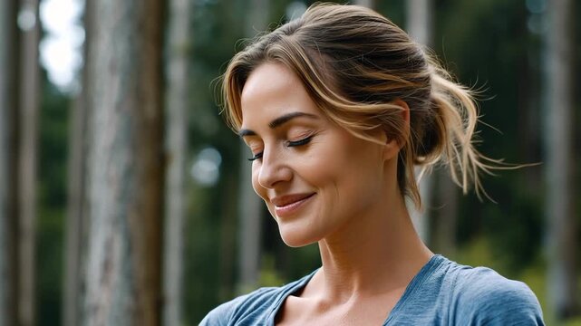 A woman stands in nature, enjoying soft sunlight. She takes deep breaths while surrounded by trees. The focus is on her relaxed expression and breathing.