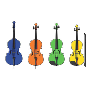 Colorful String Instruments Collection Double Bass Cello Viola Violin Bow