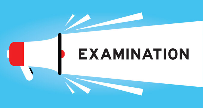 Color megaphone icon with word examination in white banner on blue background