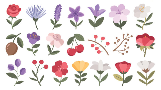 collection of colorful cartoon flowers and leaves on white background