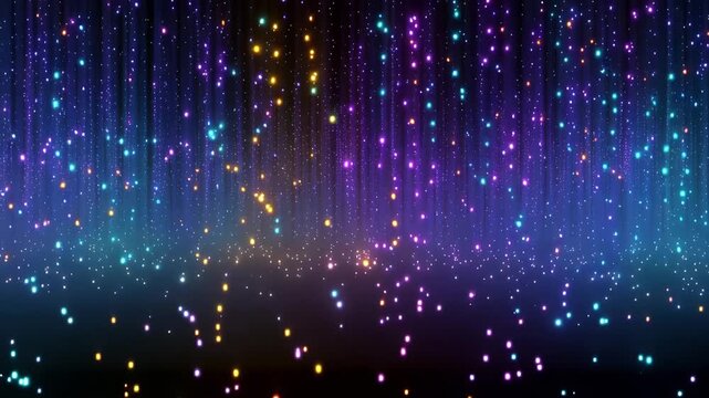 Colorful glowing dot digital rain abstract background blue purple yellow orange light vertical lines sparkling vibrant futuristic technology night