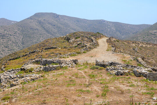The Ancient site of Minoa, at Moundoulia Hill, above the port of Katapola. Amorgos Island, Cyclades, Greece