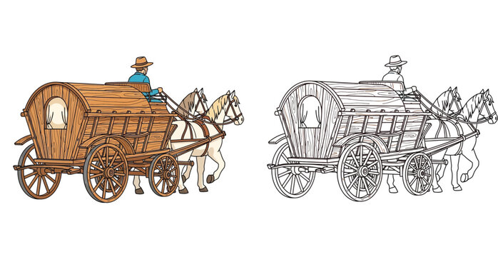 Vintage horse-drawn covered wagon with driver illustration, featuring both color and black-and-white line art outline suitable for coloring books.