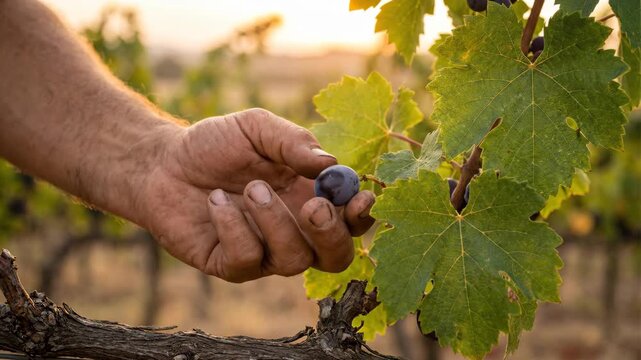 Farmer hand picking ripe grapes from vine during harvest season.