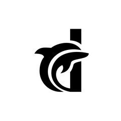 Minimalist black logo featuring a stylized dolphin integrated into the letter D, forming a unique animal alphabet monogram. © Alpha Vector
