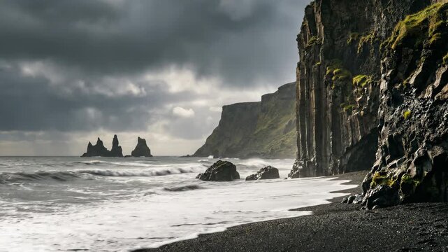 Dramatic Icelandic black sand beach with basalt columns and sea stacks under stormy skies.