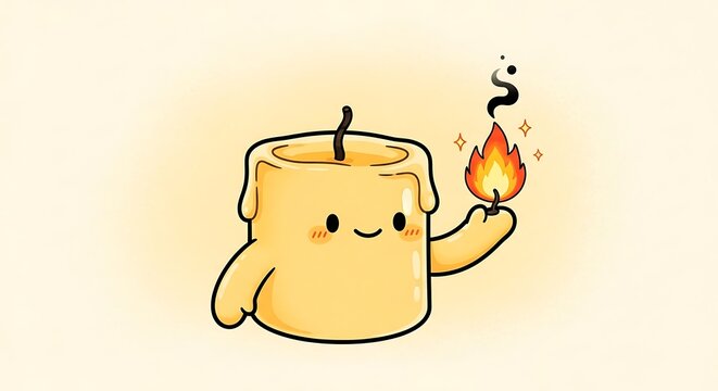 Cute Cartoon Candle Character with Flame.
