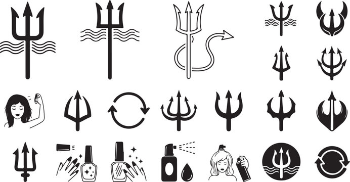 Trident icons, devil trident symbols, black vector illustrations, 25 trident graphics
