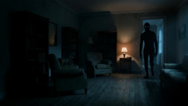 Shadowy monster standing in the doorway of a dark, eerie living room. Creepy supernatural being with glowing eyes in an abandoned, haunted house at midnight.
