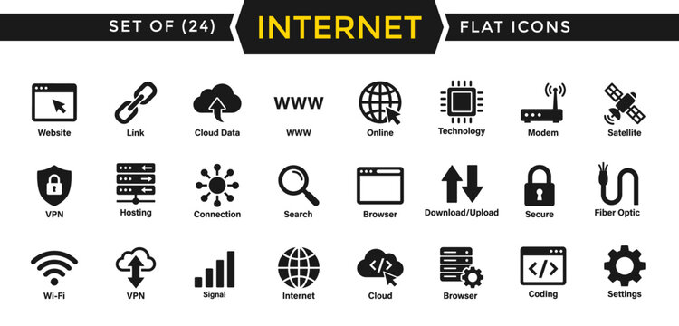 Internet connection icon set. Representing the internet, network, web, technology, digital communication, and online connections with simple vector flat illustration.