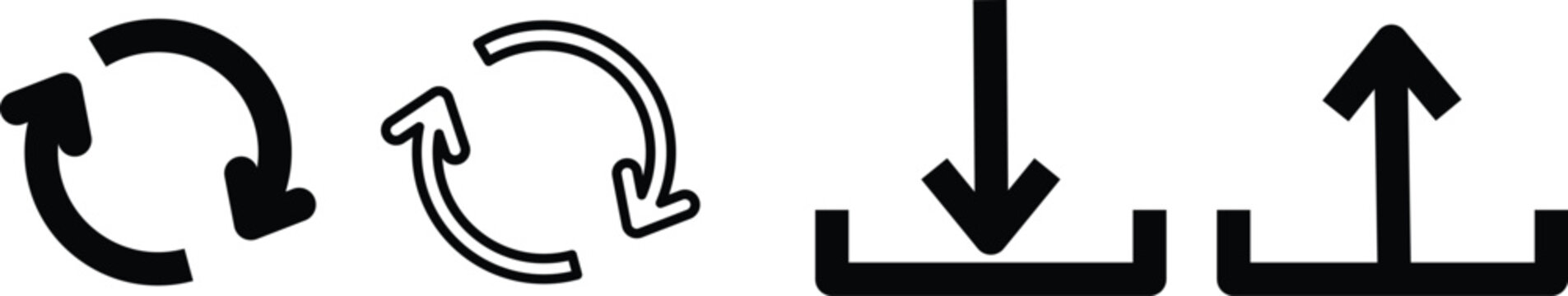Upload download and refresh icons in outline and flat style for web interface design vector illustration. Circle arrow vector, icon set with Upload download icons in outline and flat style.
