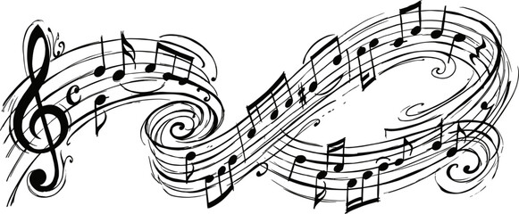 decorative musical notes and treble clef swirling staff composition, flowing melody music notation element isolated on transparent background © Kateryna