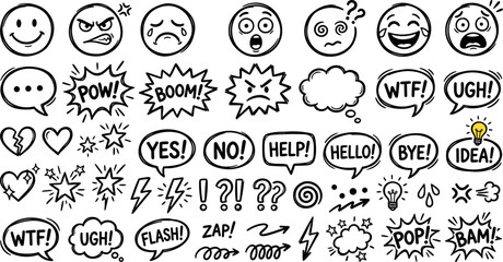 comic style emoji faces and speech bubbles with boom pow pop lightning heart star and idea doodle symbols isolated on transparent background © Kateryna