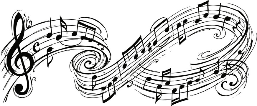 decorative musical notes and treble clef swirling staff composition, flowing melody music notation element isolated on transparent background
