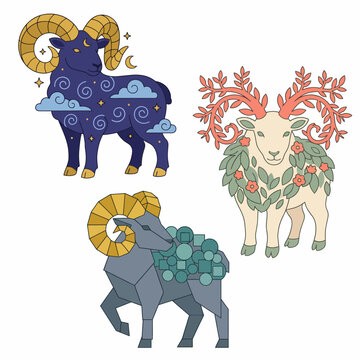 This creative illustration showcases three unique rams, with celestial and floral designs, portraying a whimsical connection between nature and the cosmos.