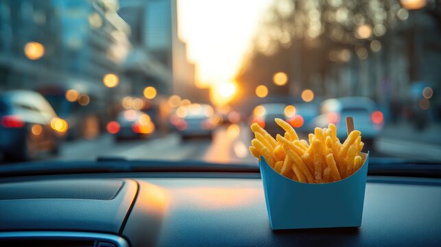 Golden French Fries in Car Dashboard During Sunset Drive