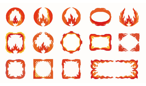 Flame frames vector set fire borders in different shapes curved flames design collection