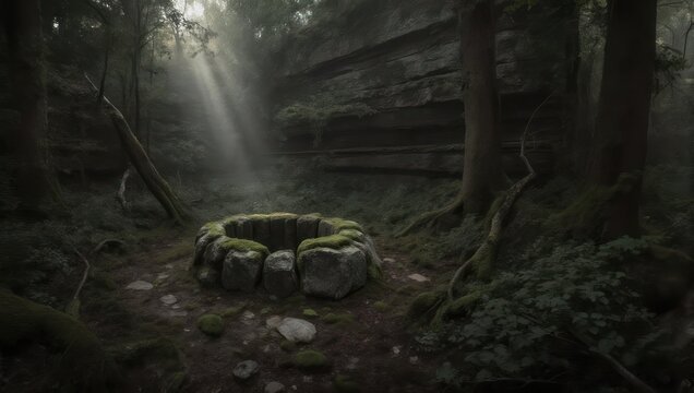 Mysterious Stone Well in a Dark Forest with Sun Rays.