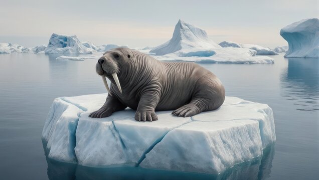 Walrus Resting on Iceberg in Arctic Waters with Ice Floes.